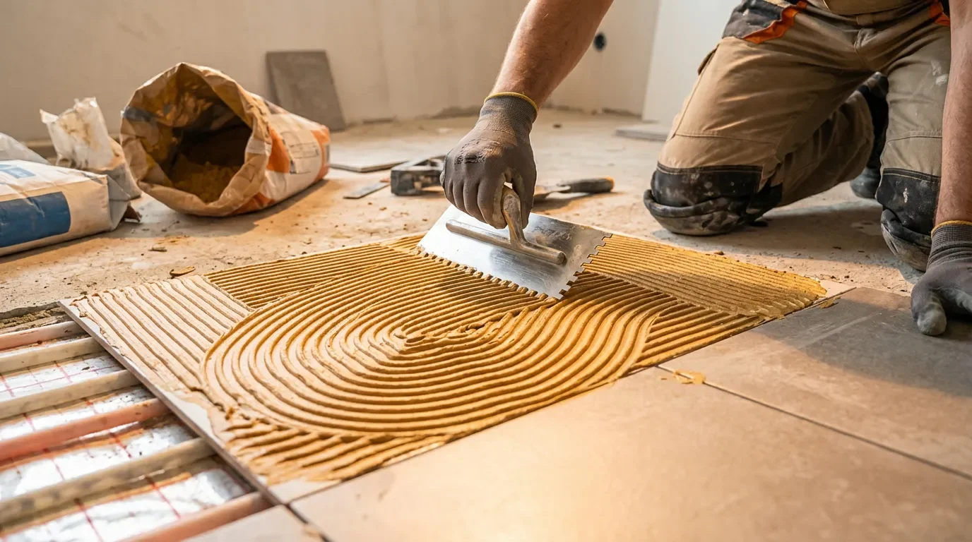 Application de colle sur carrelage pour pose de nouveau revêtement compatible chauffage au sol