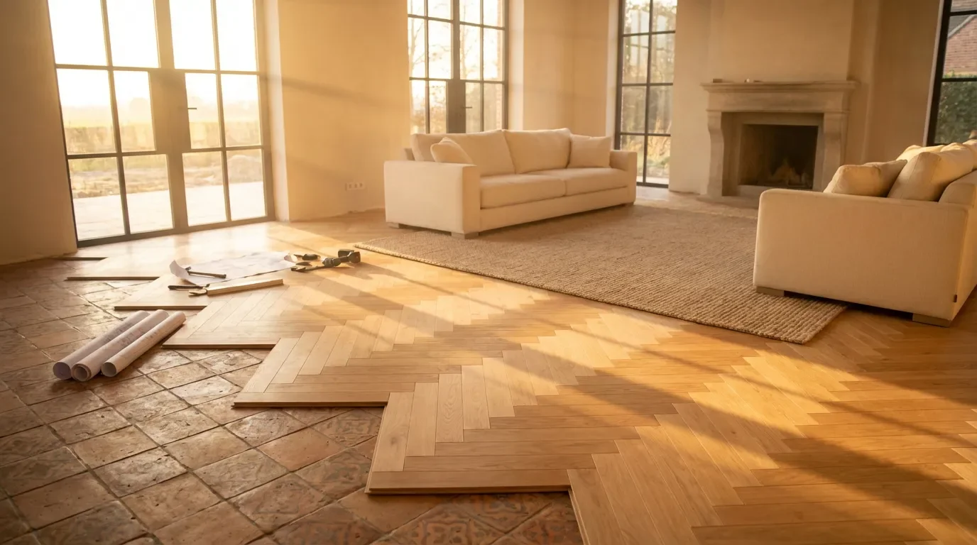 Rénovation d'un salon moderne avec pose de parquet sur carrelage existant et chauffage au sol