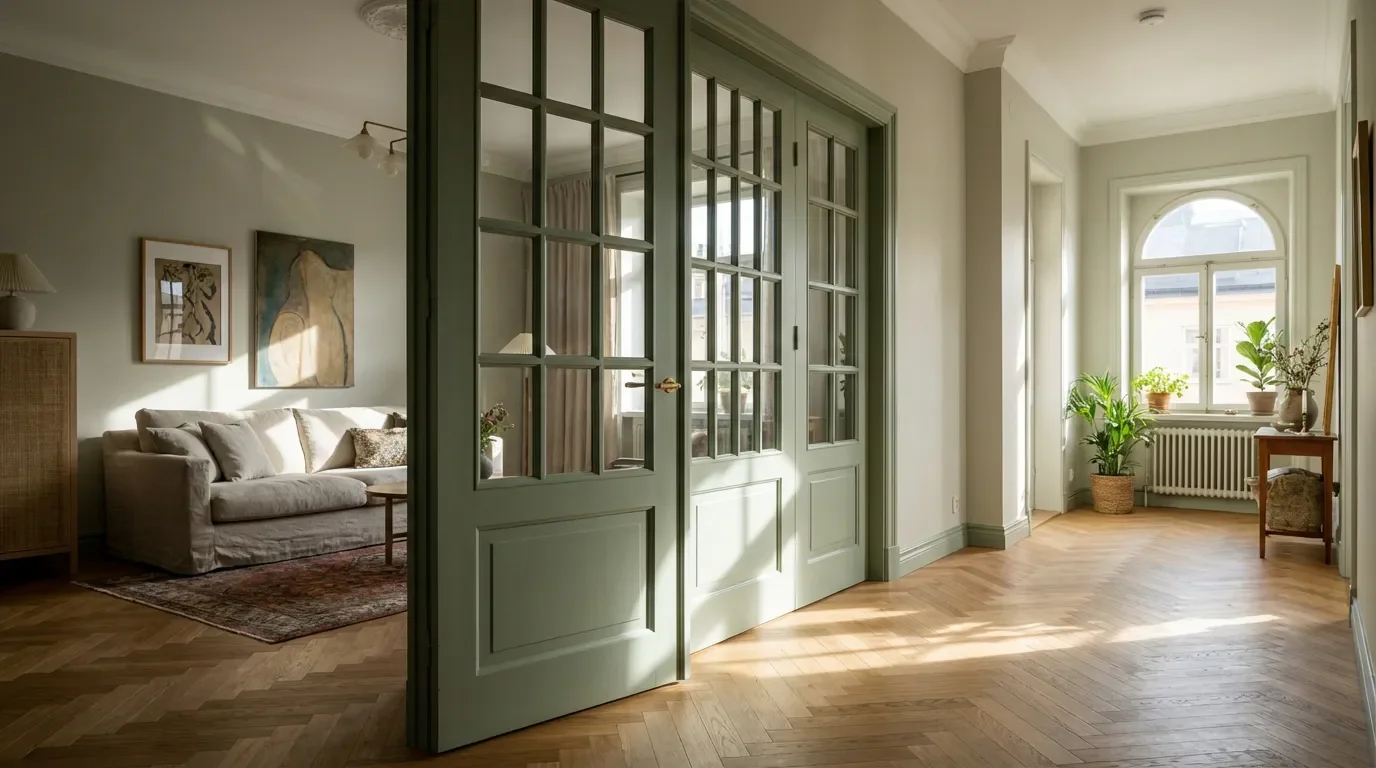 Porte vitrée rénovée design intérieur Rénovation élégante d'une porte vitrée à petits carreaux peinte en vert sauge séparant le salon