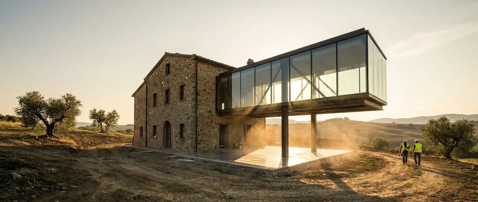 Rénovation XXL d'une demeure prestigieuse alliant pierre ancienne et architecture moderne sous une lumière de fin de journée