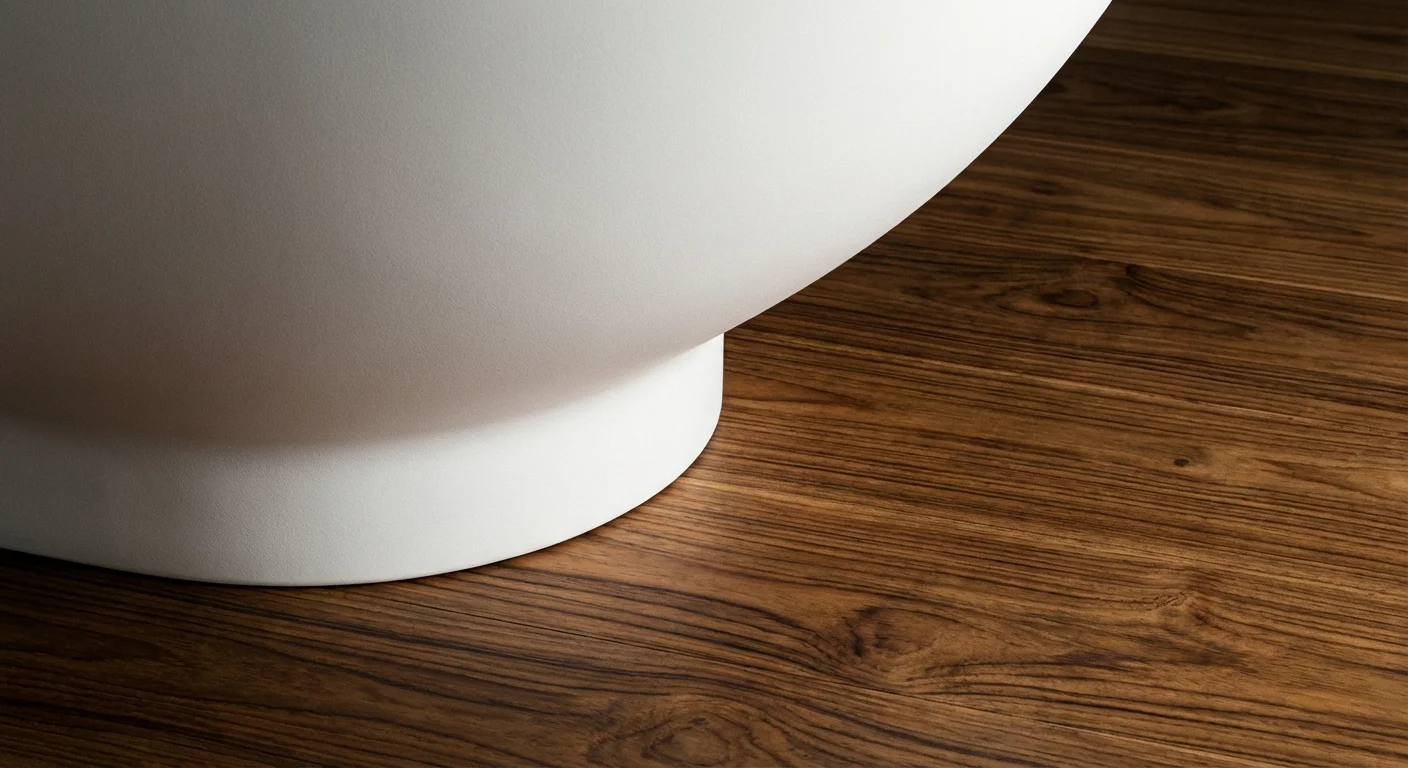 Aménager une salle de bain sur un plancher en bois Détail minimaliste du contact entre une baignoire blanche et un sol en teck texturé.