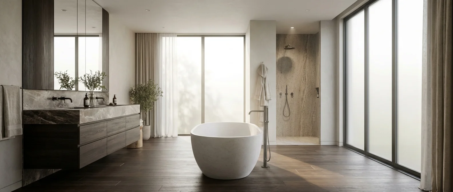 Design haut de gamme d'une salle de bain sur plancher bois Salle de bain luxueuse avec baignoire îlot sur un plancher en chêne sombre et lumière naturelle filtrant par les fenêtres.