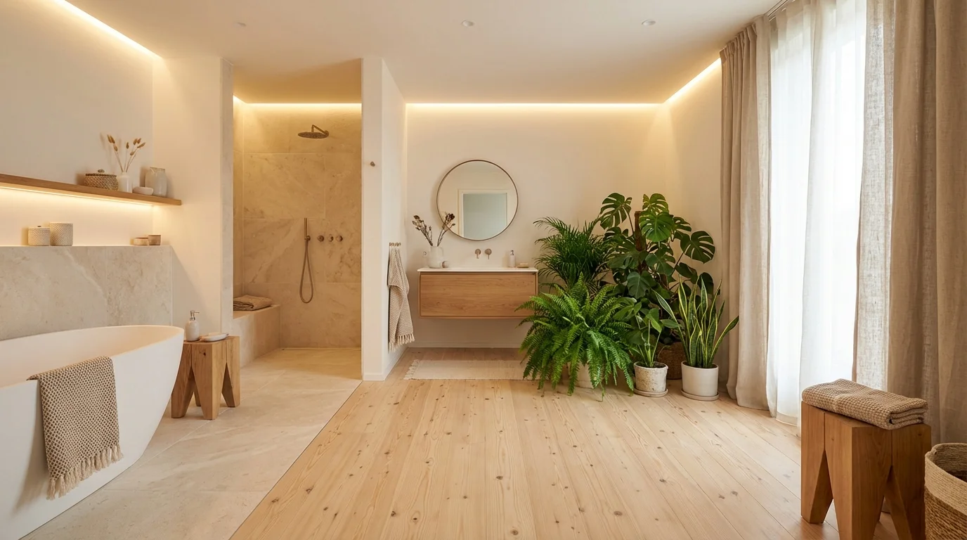 Ambiance sereine dans une salle de bain avec plancher Vue d'ensemble d'une salle de bain de style scandinave avec un sol en pin clair et une ambiance chaleureuse.