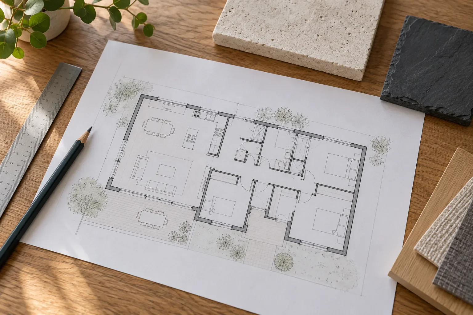 Plan conceptuel de maison avec des échantillons de façade et d’ardoise sur un bureau
