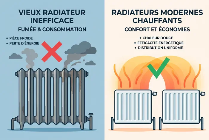 2 radiateurs dans une même pièce : Guide d'installation - 2 radiateurs dans une pièce : le guide ultime pour chauffer - 2 radiateurs dans une même pièce : comment bien les placer ? Comparaison infographique entre un seul gros radiateur et deux radiateurs optimisés