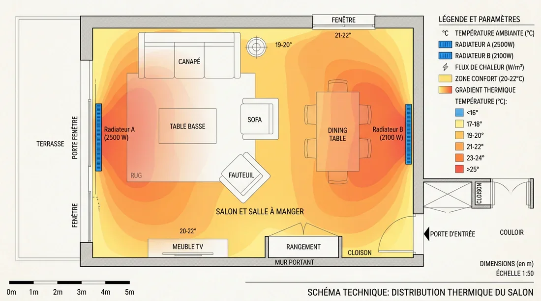 Répartition de la chaleur Schéma de répartition thermique avec deux radiateurs dans un salon