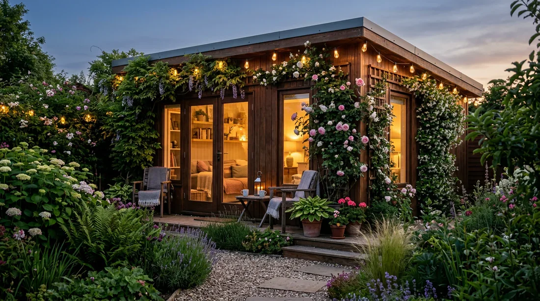 Abri de jardin décoré et éclairé le soir