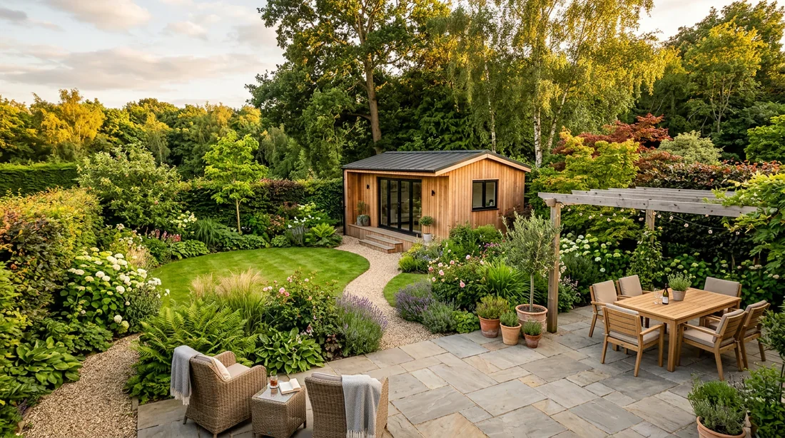 Abri de jardin moderne avec terrasse aménagée dans un jardin paysagé