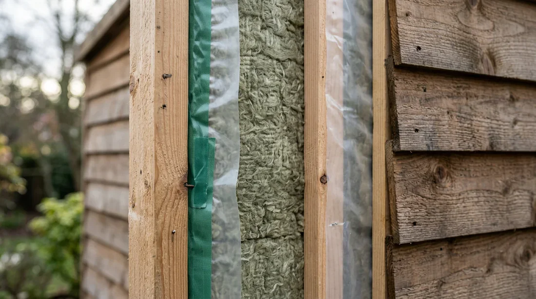 Détails de l'isolation des parois d'un abri de jardin