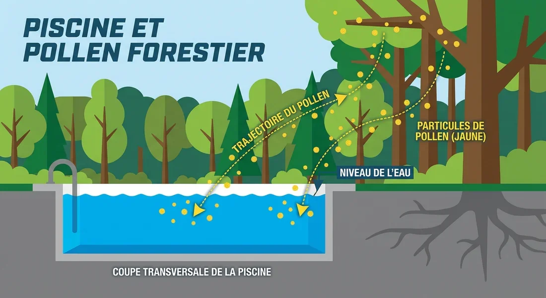 Infographie expliquant l'origine du pollen et de la poussière jaune dans le bassin.