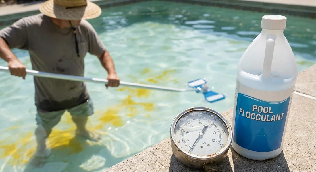 Traitement de l'eau et aspiration manuelle des particules jaunes.