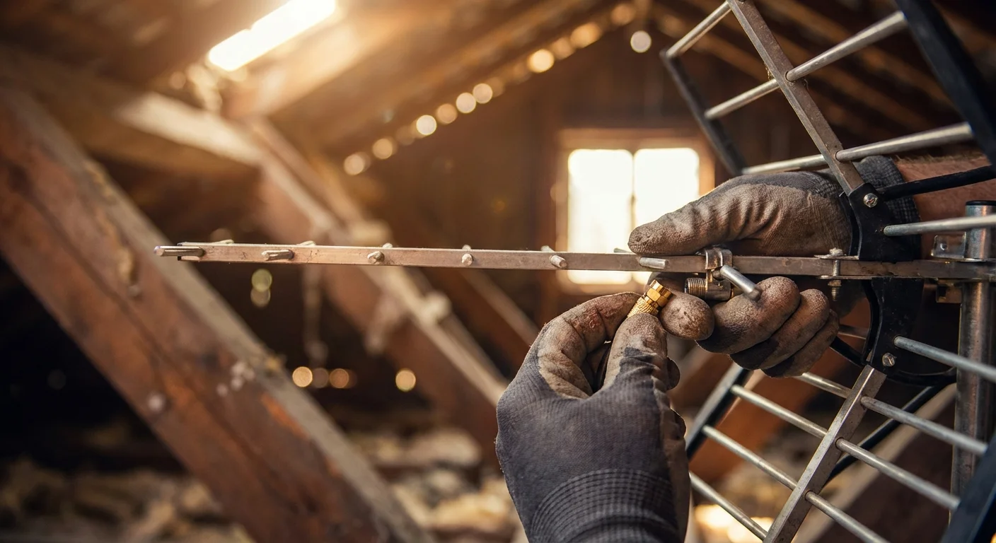 Installation et raccordement de l'antenne TV Détail du branchement technique d'un câble coaxial sur une antenne dans les combles.