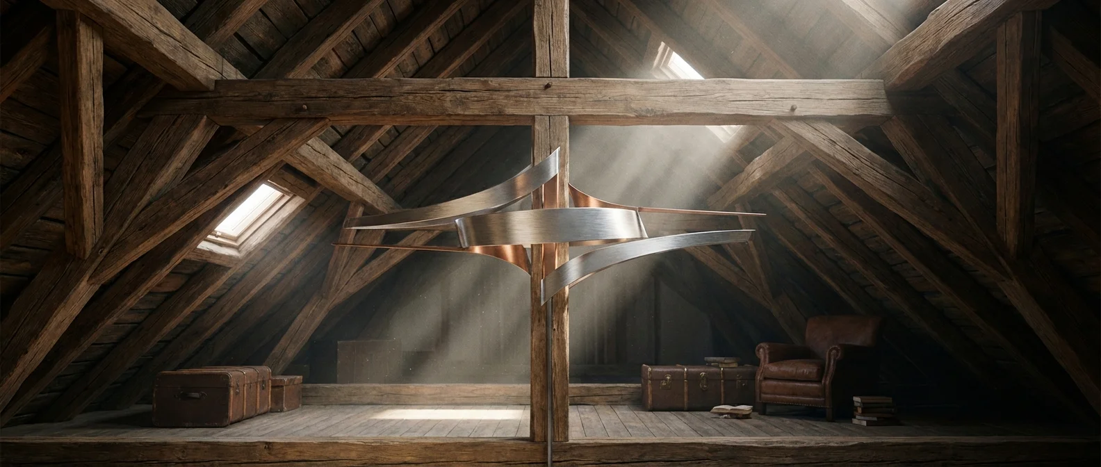 Antenne TV haute performance installée dans les combles Installation professionnelle d'une antenne TV moderne sous la charpente en bois d'un grenier lumineux.