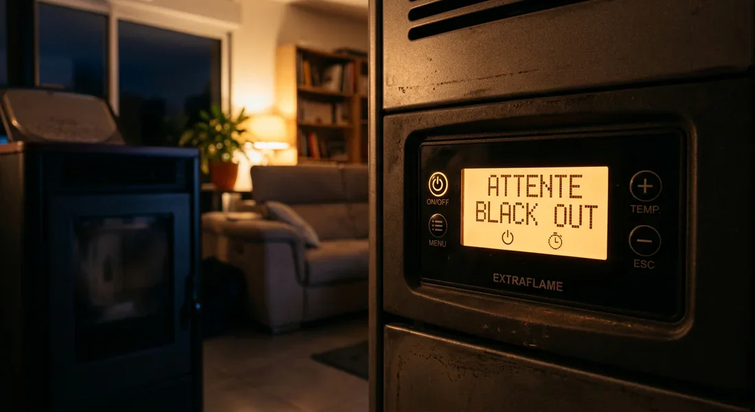 Écran LCD poêle Extraflame affichant le message d'erreur Attente Black Out