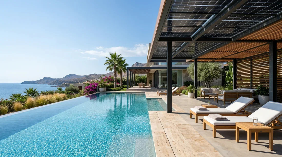 Piscine moderne équipée de panneaux solaires Installation de panneaux solaires pour chauffer une piscine moderne