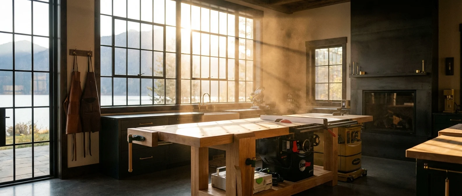 L'excellence des outils Click dans un atelier prestigieux. Atelier de bricolage haut de gamme avec outils de précision sur un établi en chêne baigné de lumière matinale.