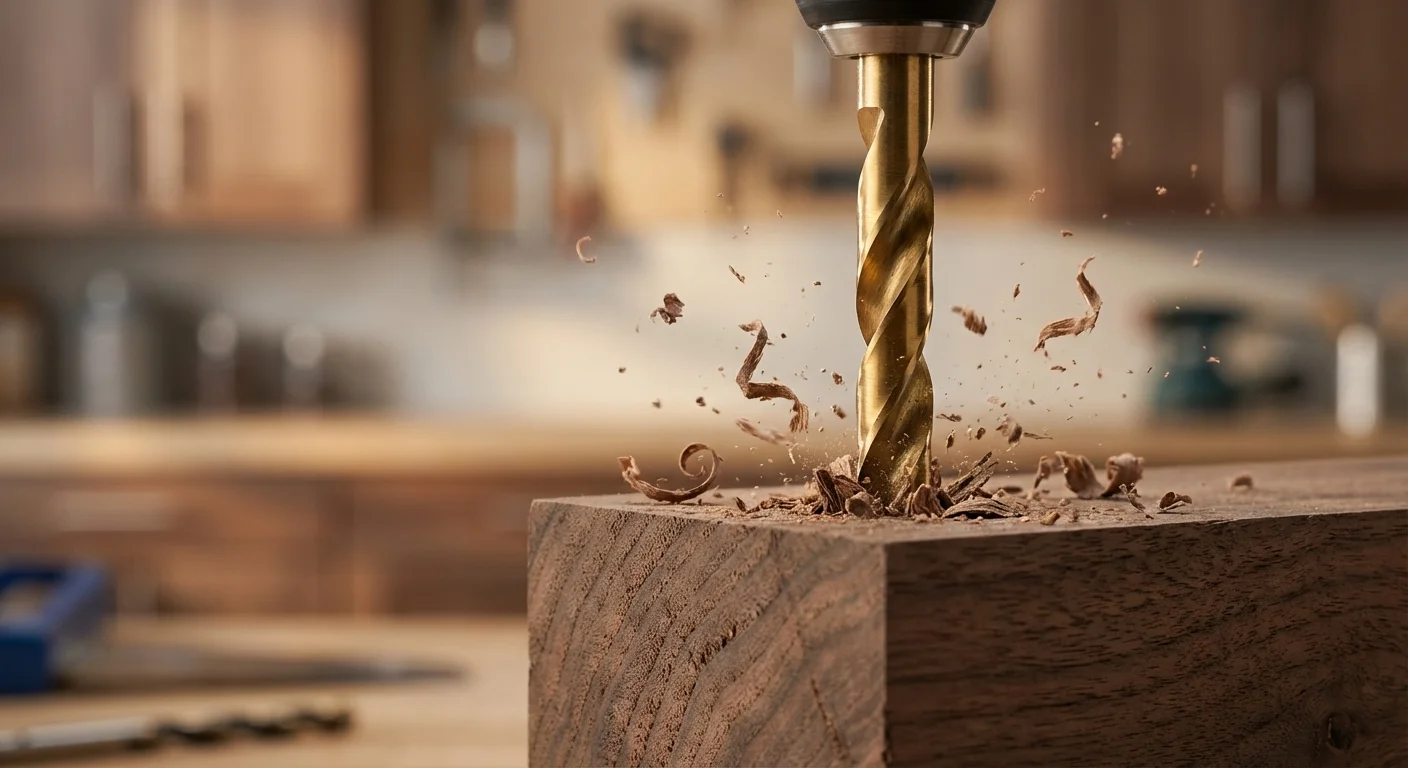 Performance et précision des outils Click en situation réelle. Vue détaillée d'un outil Click en action perçant du bois de noyer avec précision.