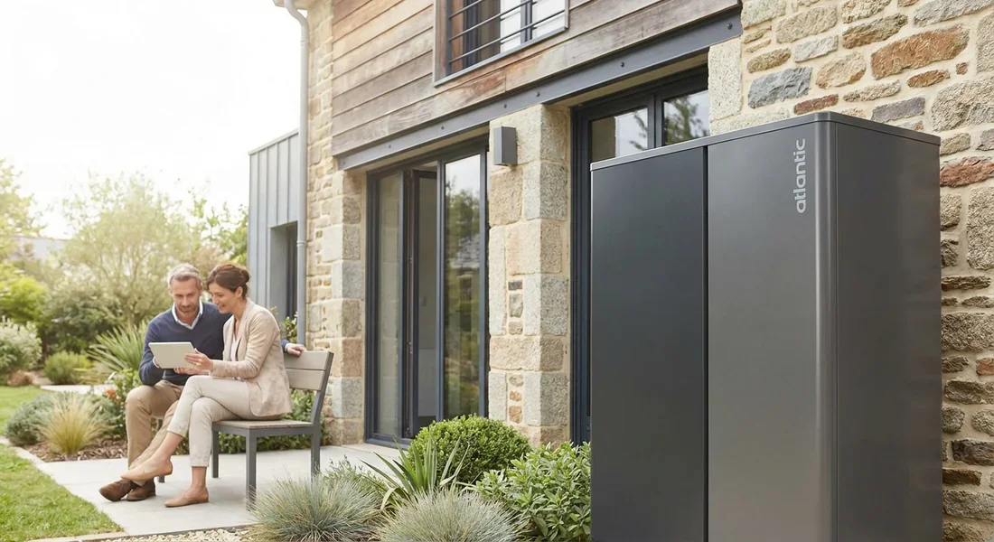 Installation d'une PAC Atlantic Alfea 2025 Unité extérieure de pompe à chaleur Atlantic Alfea installée devant une maison rénovée avec pilotage intelligent