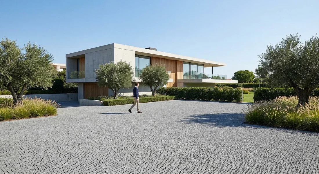 Allée de maison moderne en gravier gris parfaitement stabilisée et esthétique.