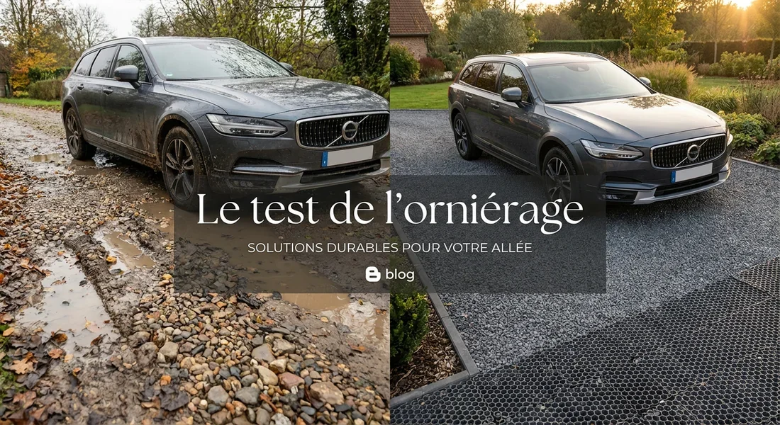 Comparaison split-screen entre une allée en gravier déformée par des ornières et une allée stabilisée impeccable.