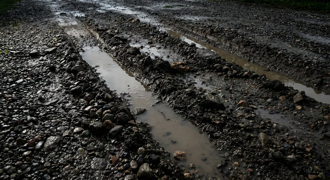Ornières profondes et accumulation d'eau dans une allée de gravier non stabilisée.