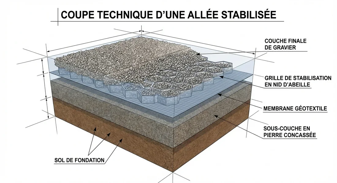 Schéma technique montrant les couches de préparation pour une allée de gravier avec stabilisateur.