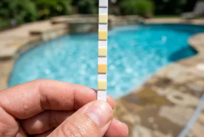 Gros plan sur une bandelette de test de piscine montrant un TAC trop bas