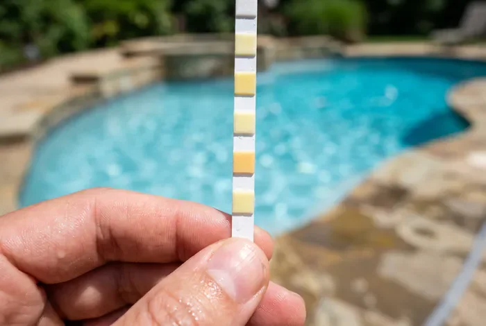 Baisse alcalinité piscine : 4 étapes - TAC Piscine : Le Guide Ultime - Comment remonter le TAC d'une piscine ? Gros plan sur une bandelette de test de piscine montrant un TAC trop bas