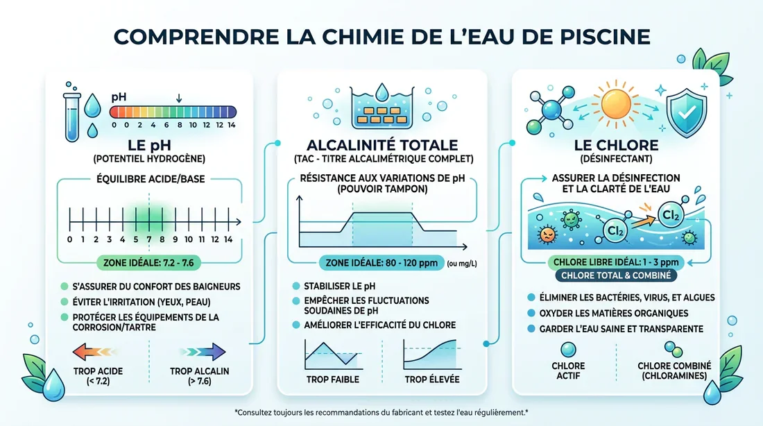 Les indicateurs chimiques de l'eau de piscine Infographie expliquant les paramètres chimiques essentiels de l'eau de piscine