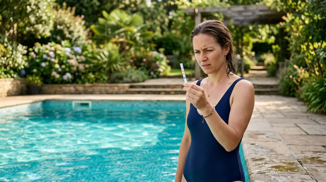 Analyse de l'eau de piscine : importance de l'équilibre chimique Personne dubitative analysant une bandelette de test pour l'eau de piscine