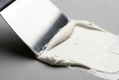 Gros plan sur un couteau à enduire lissant de l'enduit sur un joint de placo
