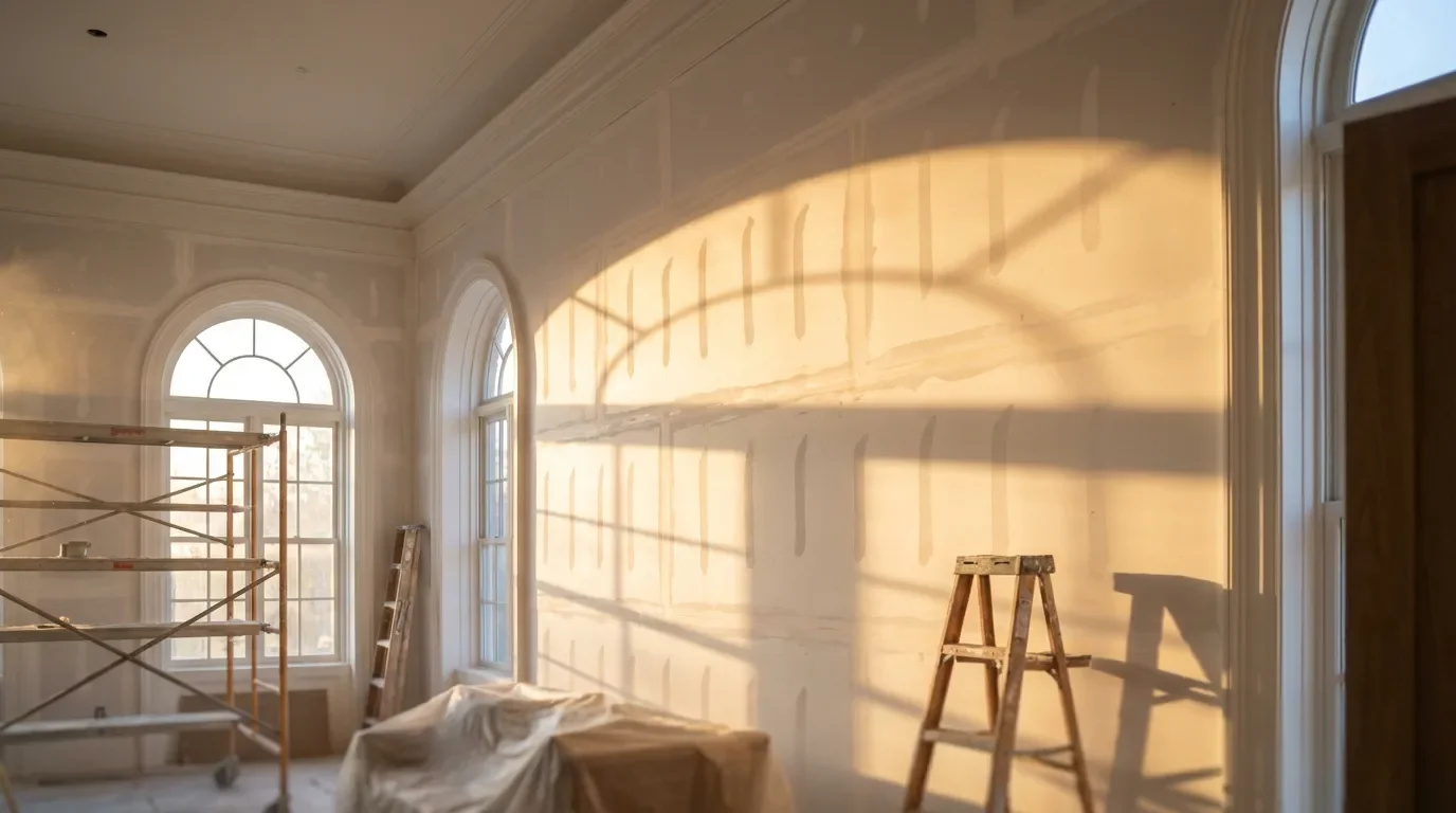 Vue d'ensemble d'une pièce en rénovation avec lumière rasante sur les joints de placo