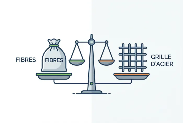 Béton fibré ou ferraillage : le guide complet - Béton fibré ou ferraillage : le comparatif ultime (2024) - Béton fibré ou ferraillage : lequel choisir pour votre dalle ? Infographie simplifiée comparant les fibres et le treillis soudé