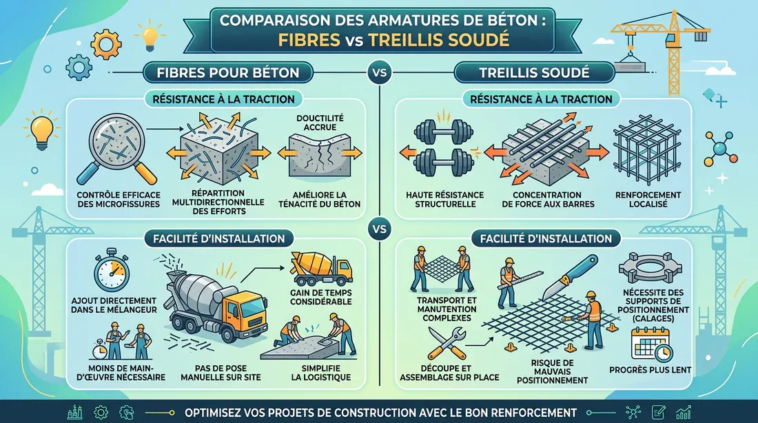 Comparatif technique béton fibré vs treillis Tableau comparatif des avantages techniques du béton fibré contre le treillis