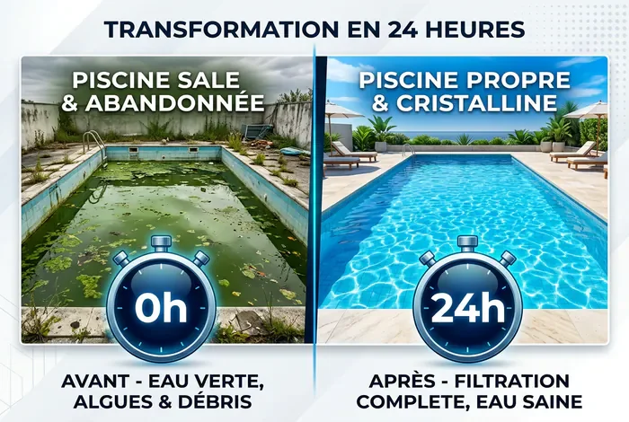 Infographie avant-après traitement d'une piscine verte en 24h
