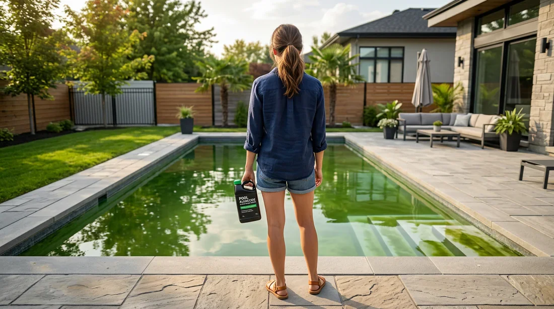 Traitement de l'eau de piscine verte avec un anti-algues Propriétaire de piscine de dos tenant un bidon d'anti-algues devant une eau qui verdit