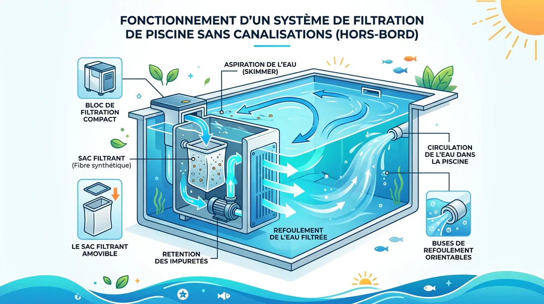 Infographie expliquant la circulation de l'eau dans une filtration sans canalisation