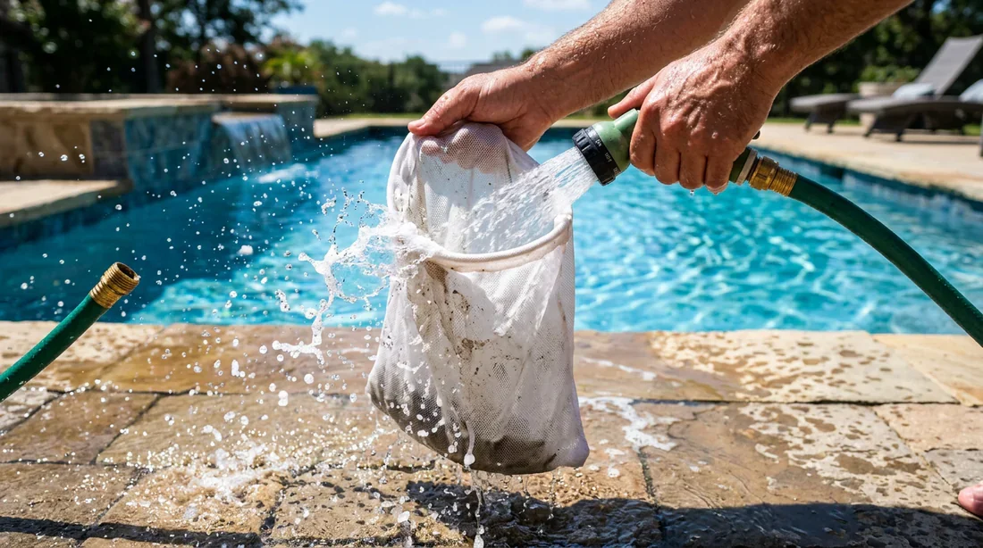 Nettoyage au jet d'eau de la poche filtrante de piscine