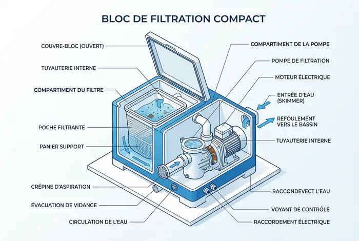 Schéma technique d'un bloc de filtration compact de piscine ouvert