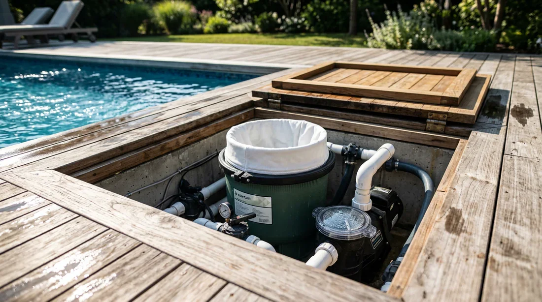 Vue rapprochée du compartiment ouvert du bloc de filtration de piscine avec poche filtrante