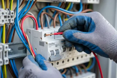 Gros plan sur l'insertion d'un fil rouge dans un disjoncteur Debflex