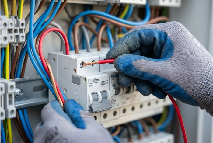 Gros plan sur l'insertion d'un fil rouge dans un disjoncteur Debflex
