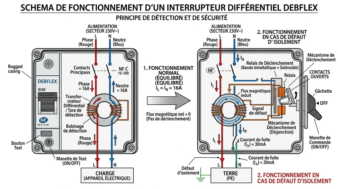 Principe de fonctionnement du disjoncteur différentiel Debflex Schéma explicatif du principe de fonctionnement d'un disjoncteur différentiel Debflex