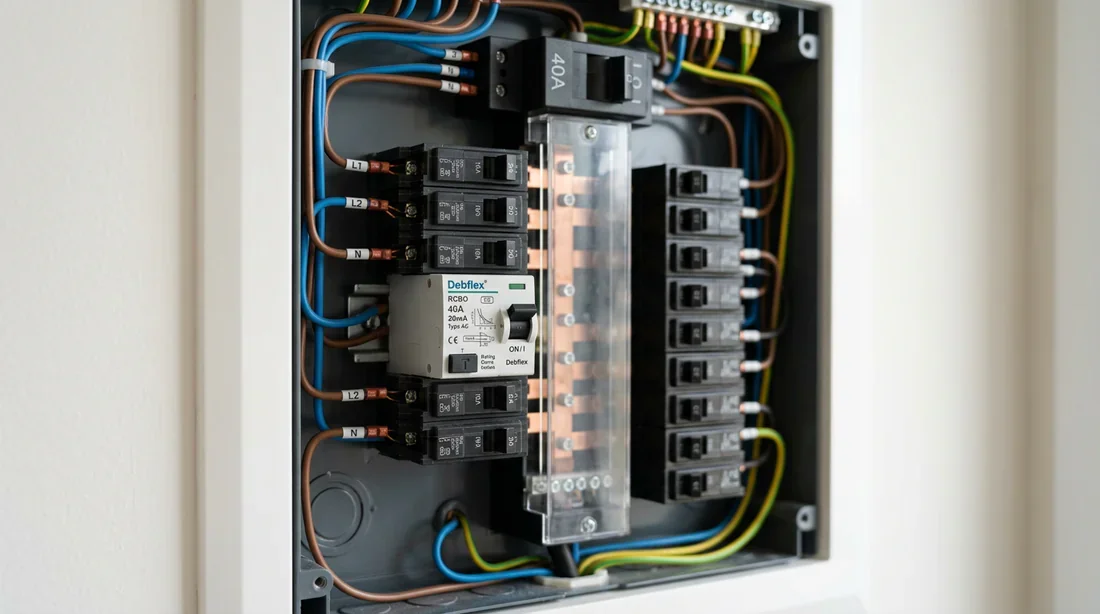 Disjoncteur différentiel Debflex dans un tableau électrique Tableau électrique domestique ouvert avec un disjoncteur différentiel Debflex