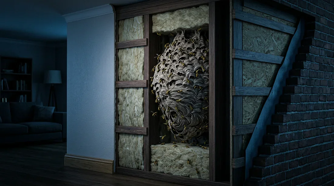 Nid de guêpes caché dans une cloison Vue en coupe d'un mur avec un nid de guêpes caché dans l'isolation