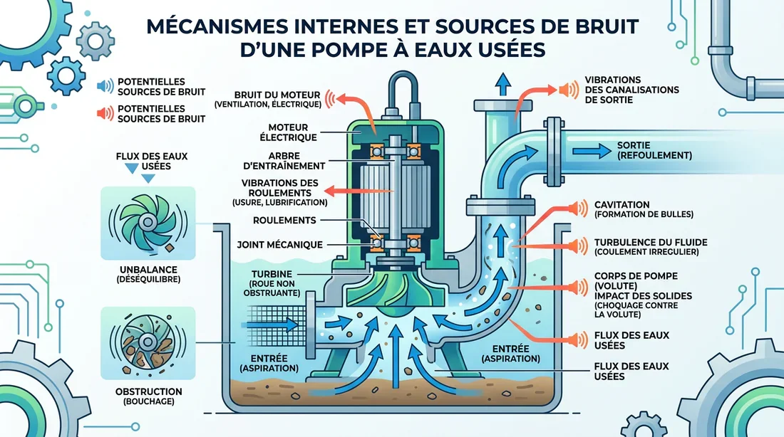 Schéma technique des sources de bruit dans une pompe