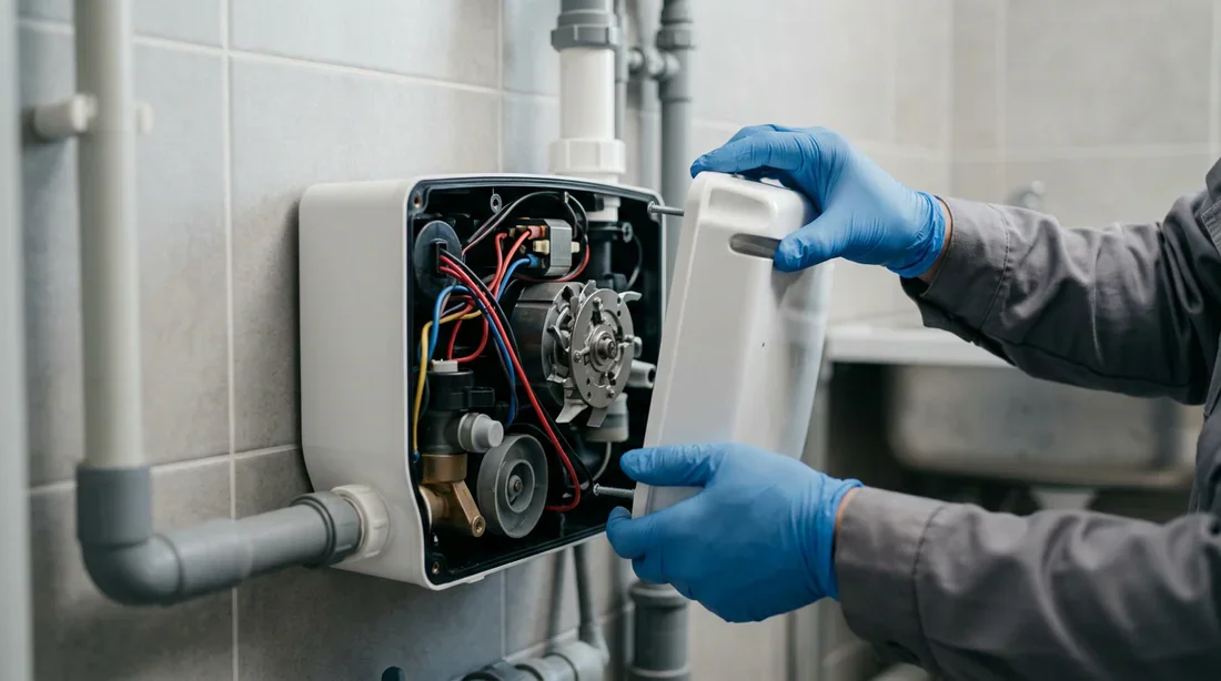 Technicien effectuant la maintenance d'une pompe de relevage murale