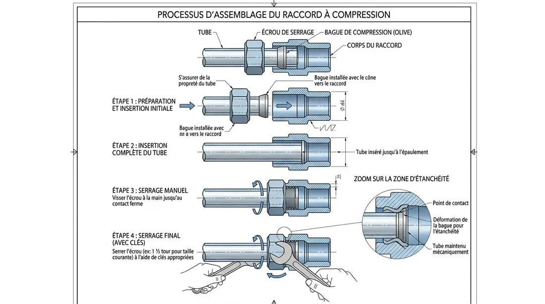 Schéma technique d'assemblage d'un raccord à bulbe de compression