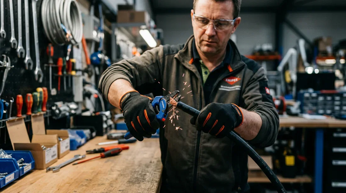 Technique de dénudage d'un câble électrique R2V Électricien utilisant une pince à dénuder sur un câble électrique R2V