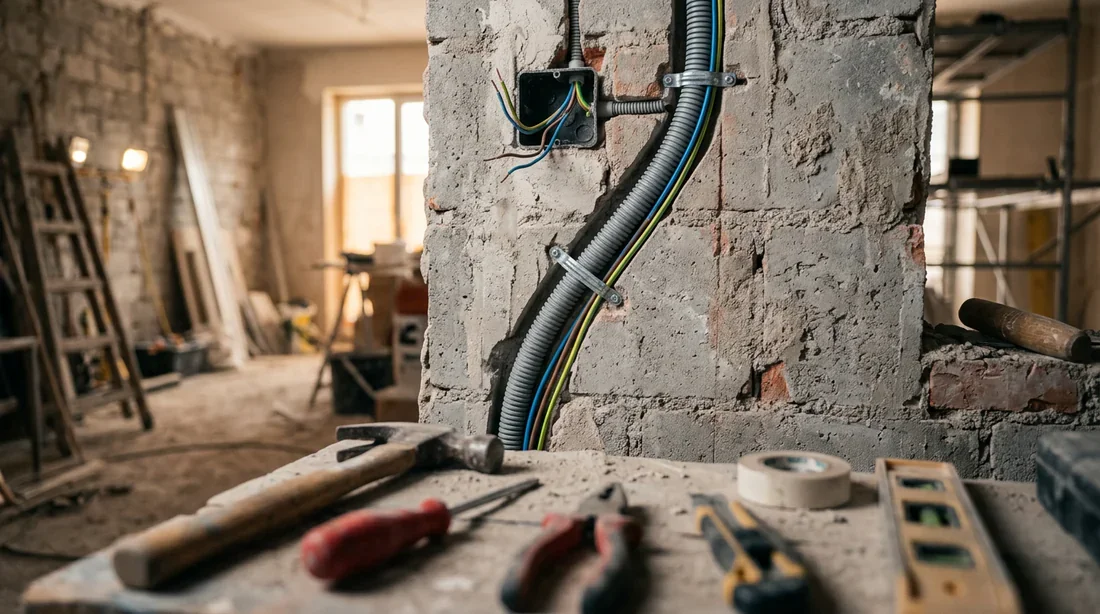 Installation professionnelle d'une gaine électrique ICTA dans une saignée Rénovation électrique : pose d'une gaine ICTA dans une saignée murale propre